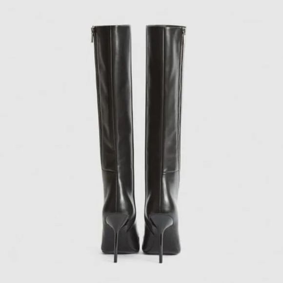 REISS Hoxton Leather Knee High Heels BOOTS US 38 7 Black Point Toe Zip NEW - Picture 2 of 14